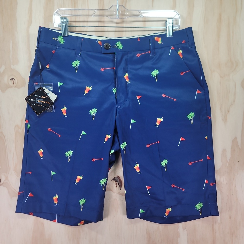 Loudmouth Shorts Mens 33 Blue Hideaway Stretch Golf Cocktails Keys Flags AOP NWT